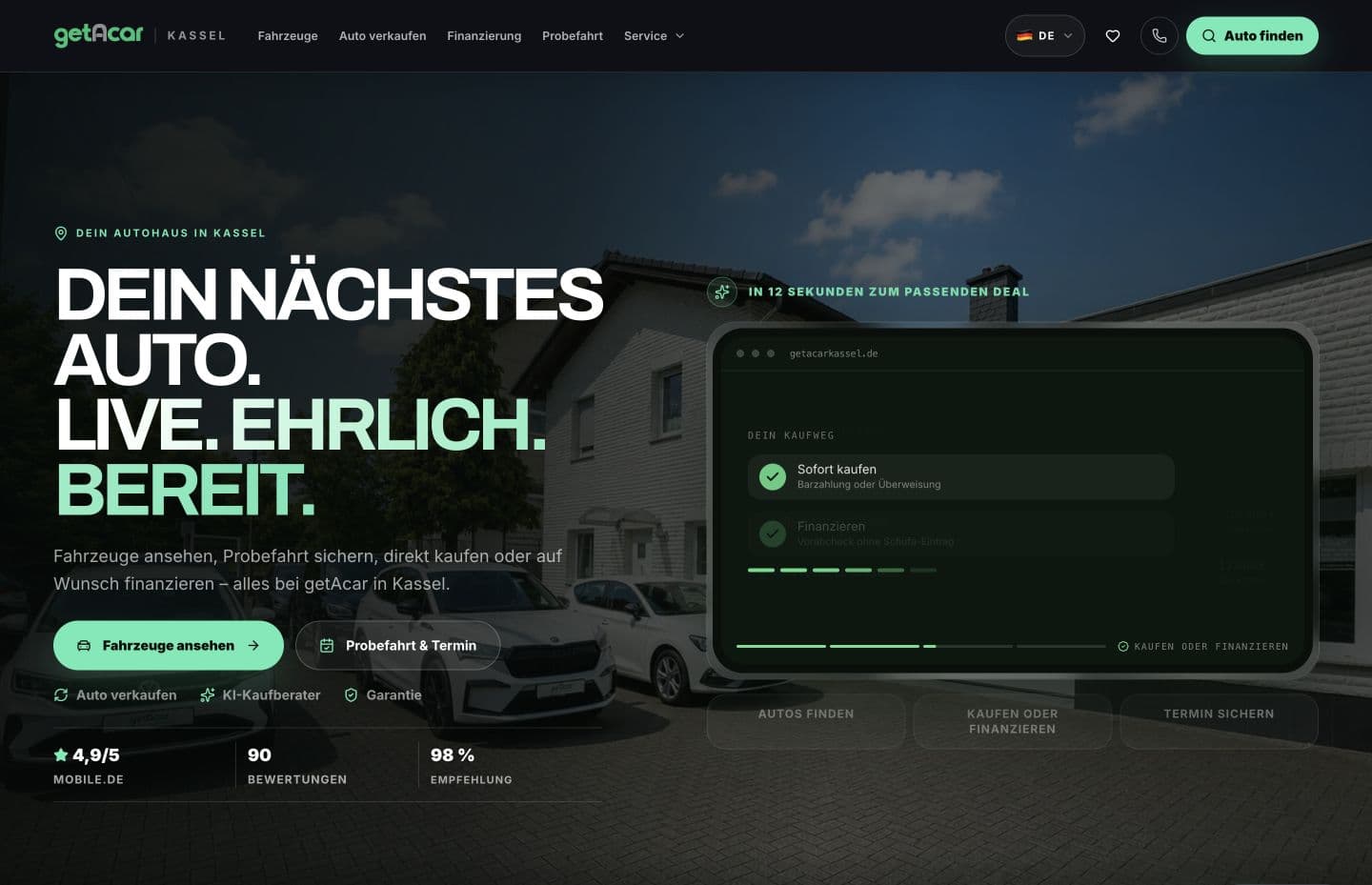 Echte Website von GetACar Kassel mit Fahrzeugsuche und Kontaktwegen